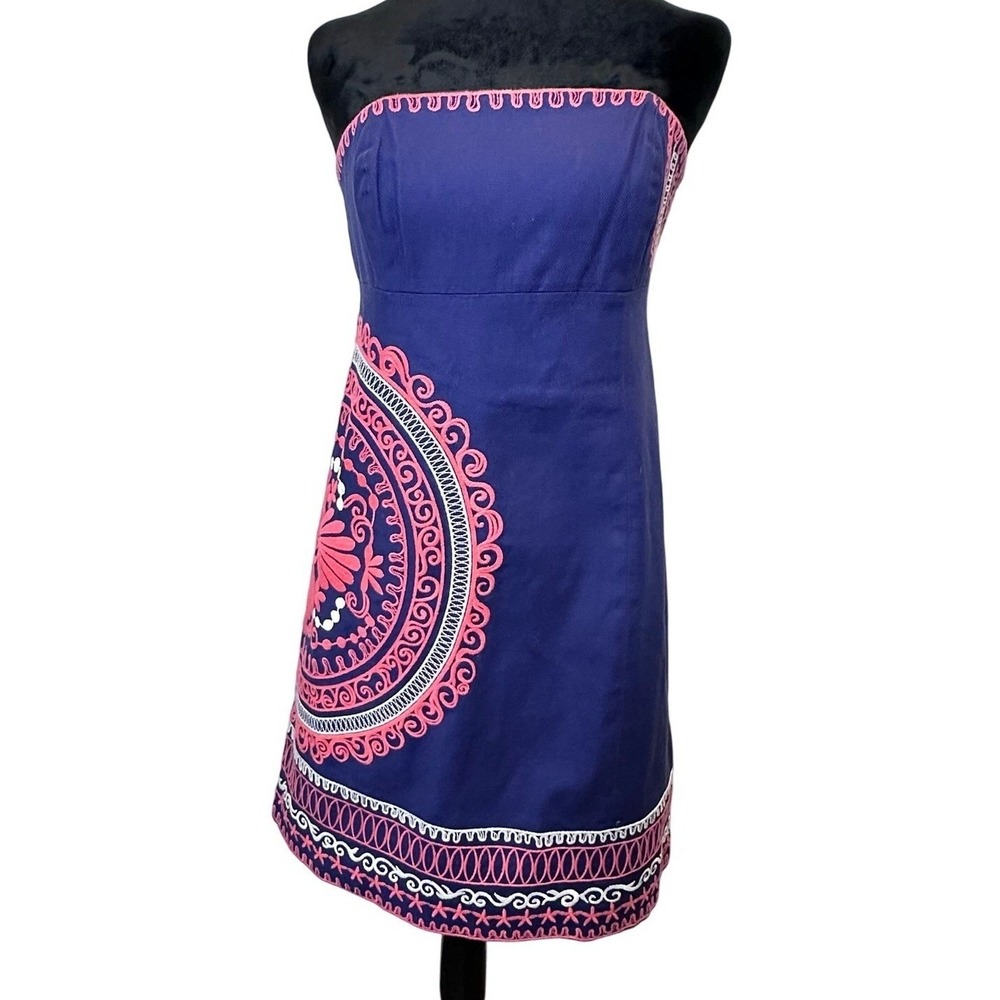 Lilly‎ Pulitzer Strapless Dress 4 Navy Pink Embroidered Medallion Preppy Coastal